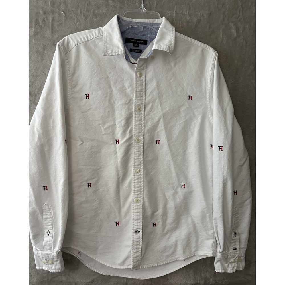 Tommy Hilfiger Shirt Mens Small White Custom Fit Embroidered TH Logo Button‎ Up